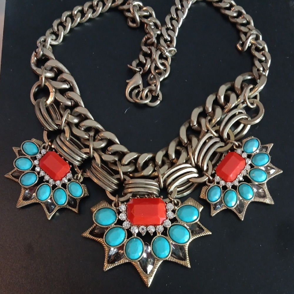 Source Unknown Gold and Turquoise Necklace with Red Accents